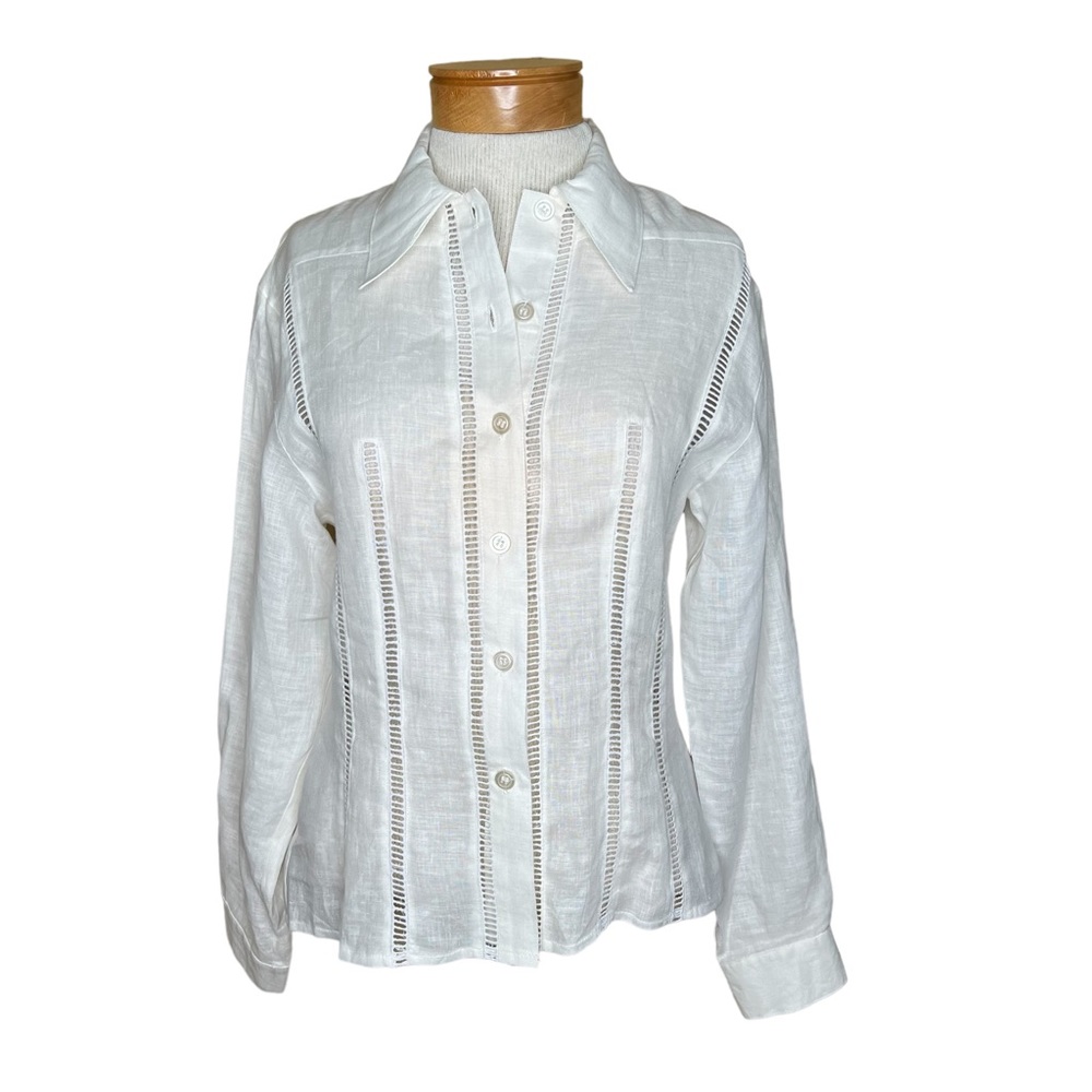 Claudio of Paris Punch Women’s Ivory Linen Blouse Crochet Detail Fr Size 1